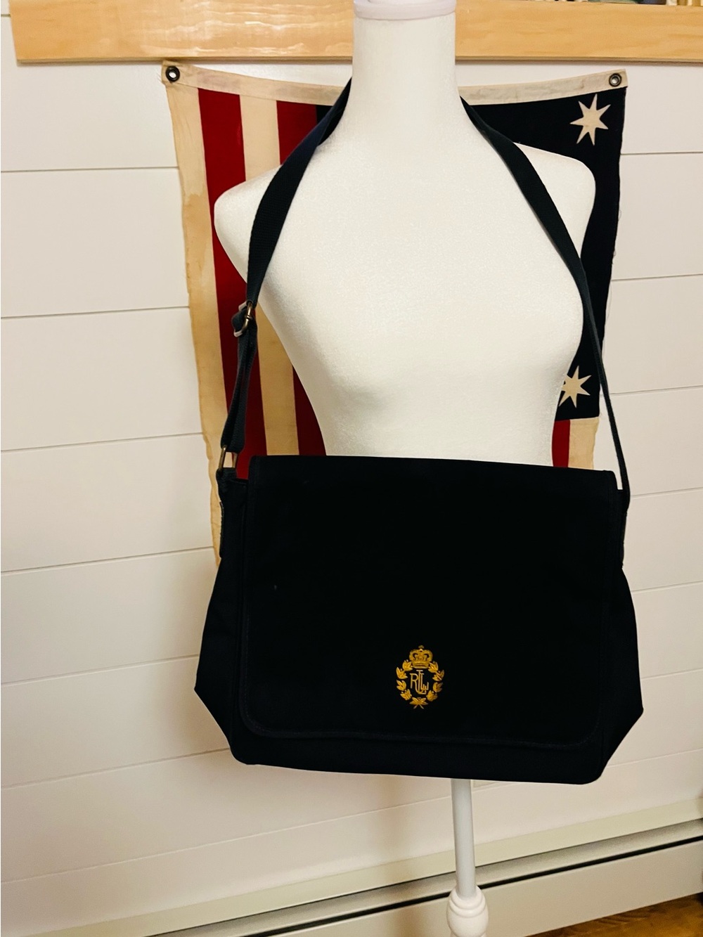 VTG Lauren Ralph Lauren Navy Blue Crossbody Messenger Bag Monogram 90s Y2K